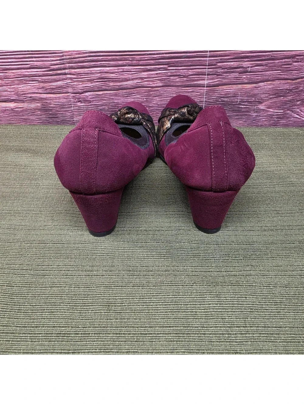 Anyi Lu Rosie Women's Bordeaux Suede Graphite Shimmer Knot Wedge EU 36